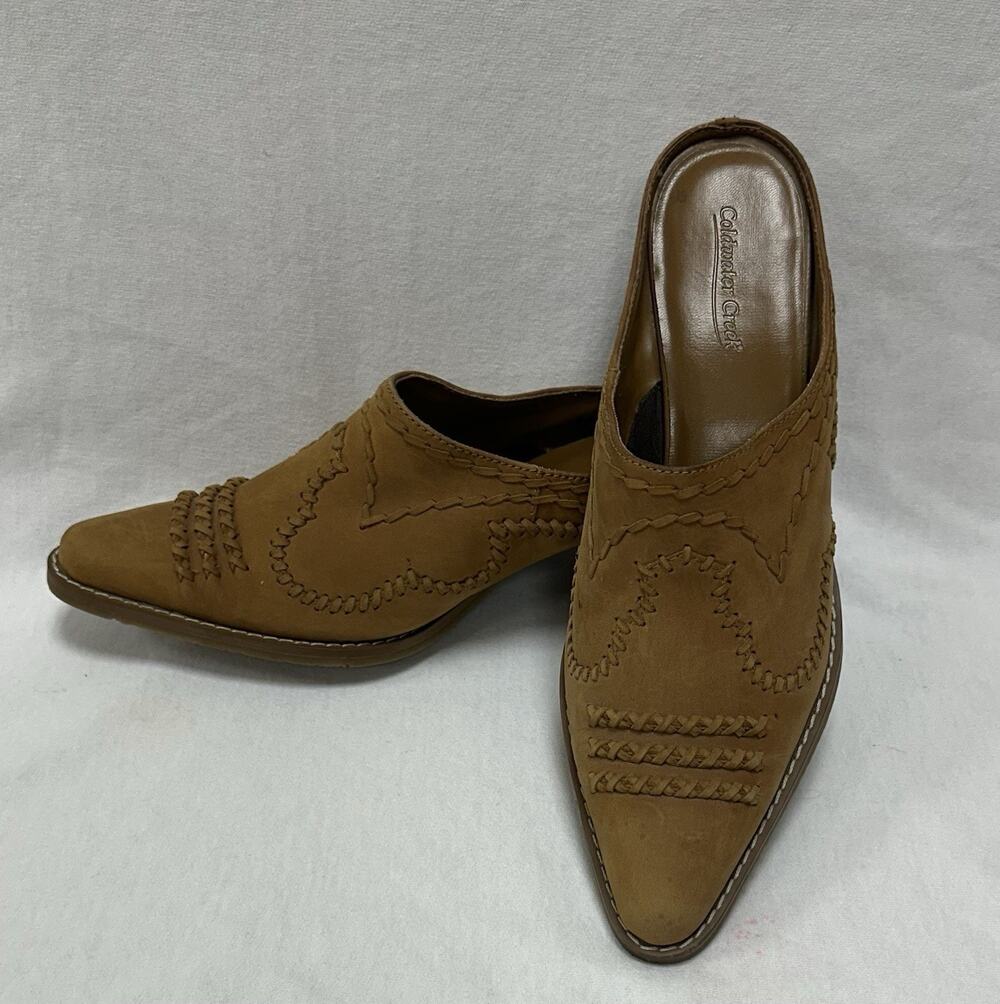 Coldwater Creek Bronco Tan Leather Western Heeled Mule Slides SZ 9.5 Stitching